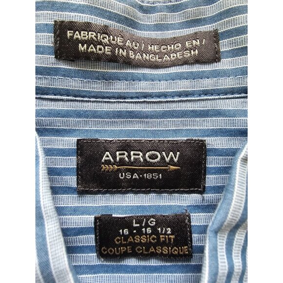 Arrow USA 1851 Shirt Men's L Blue White Casual Button Down Collared Striped - Picture 9 of 16